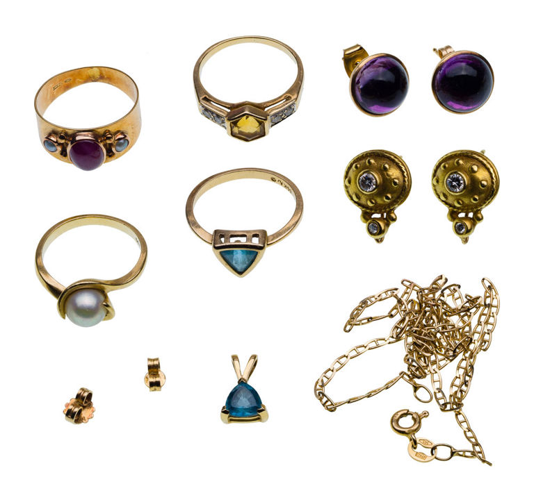 Set of 9 Gold and Gemstone Jewelry Pieces