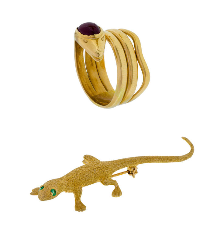 Gold Ruby Ring and Emerald Brooch