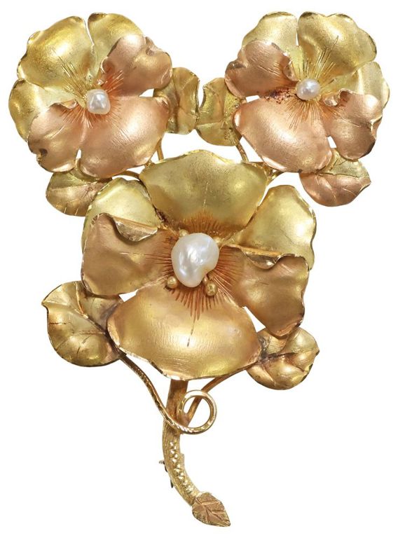 18k Two-Tone Gold Pearl Floral Brooch