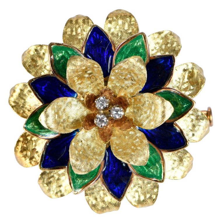 18k Yellow Gold Diamond and Enamel Brooch