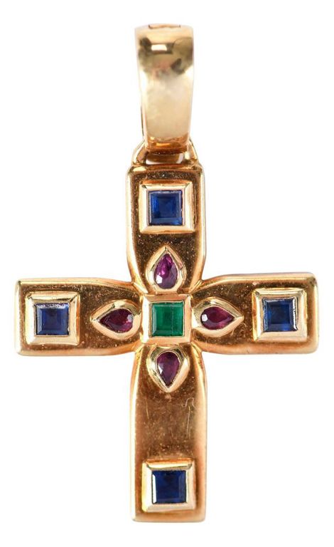18k Yellow Gold Ruby, Emerald and Sapphire Pendant