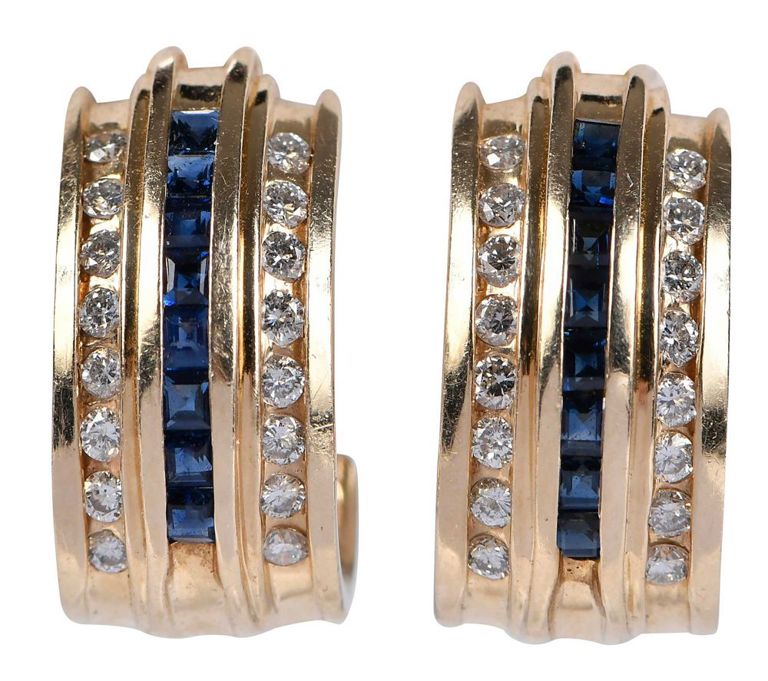 14k Yellow Gold Blue Sapphire and Diamond Earrings
