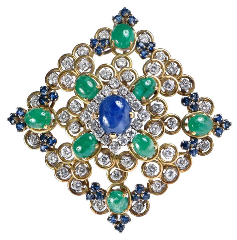 18k Gold Sapphire, Emerald and Diamond Brooch