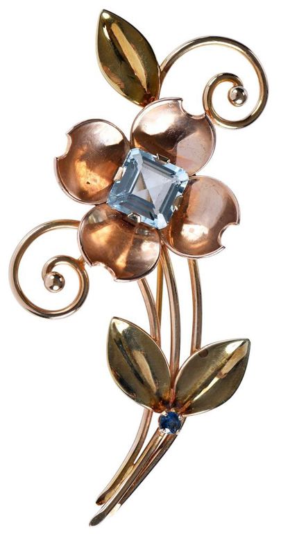 14k Gold Aquamarine and Sapphire Brooch
