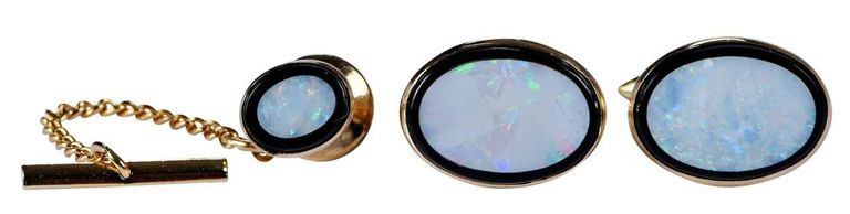 14k Gold Onyx Opal Cufflinks and Tie Tack
