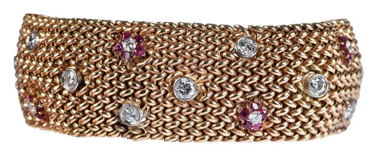 14k Gold Ruby and Diamond Woven Bracelet