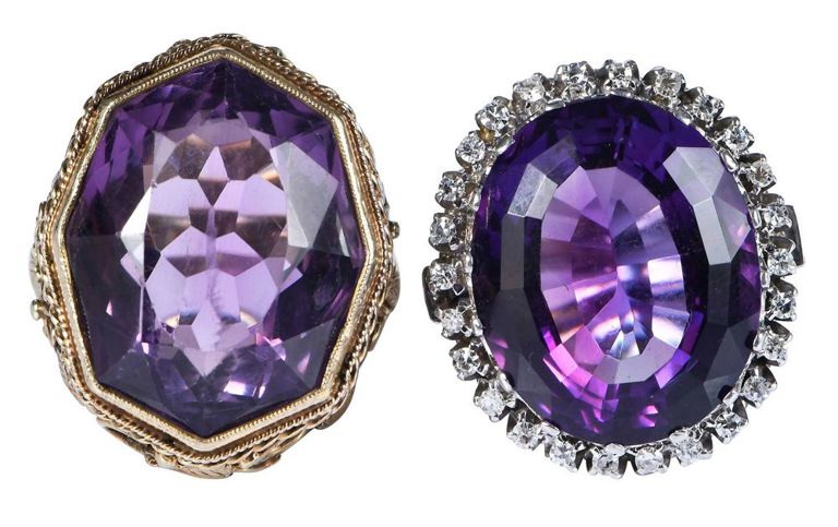 Set of 2 Gold Amethyst and Diamond Rings