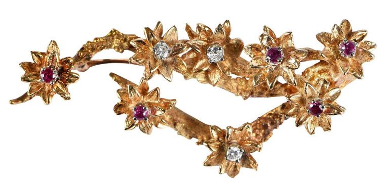 18k Gold Diamond and Ruby Flower Brooch