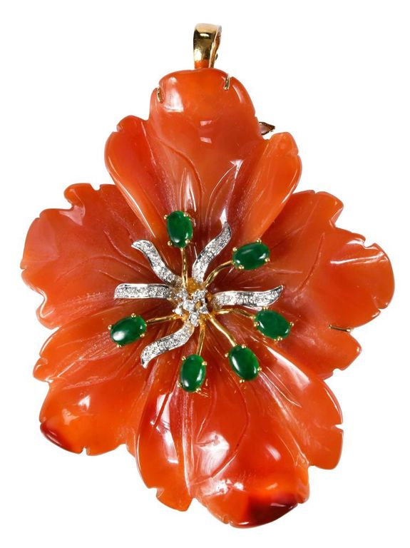 Carnelian, Jade, and Diamond Brooch/Pendant