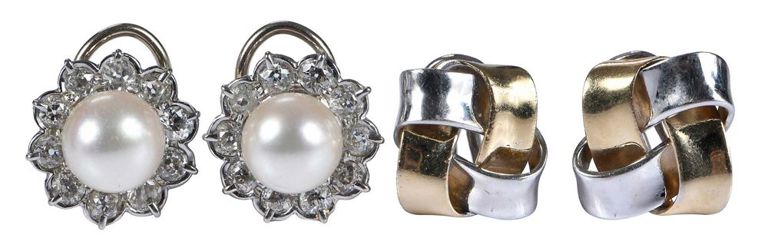 Pair of 14k Gold Pearl and Diamond Earrings