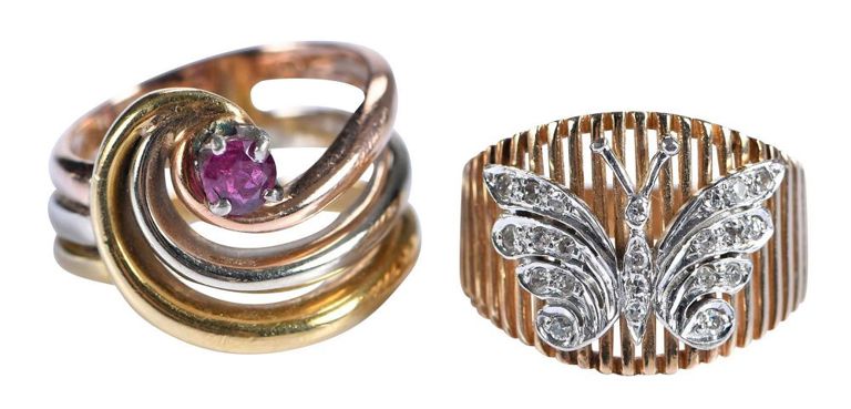 Set of 2 14k Gold Ruby and Diamond Rings