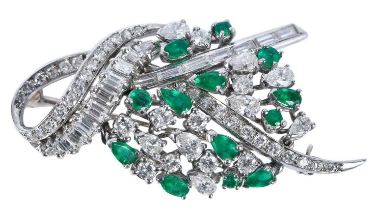 Platinum Emerald and Diamond Brooch
