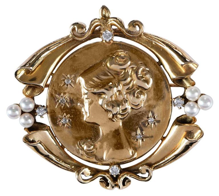 14k Gold Diamond and Pearl Brooch