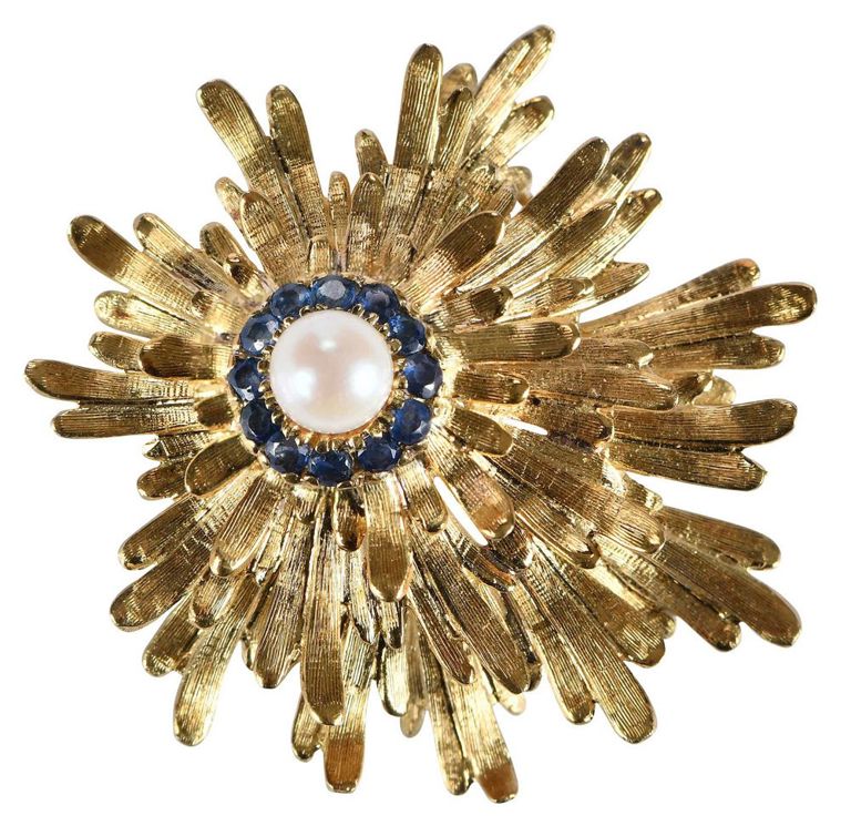 18k Gold Blue Sapphire and Pearl Brooch