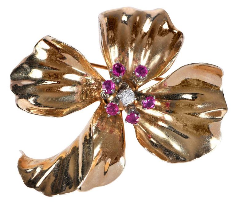 14k Gold Ruby and Diamond Flower Brooch