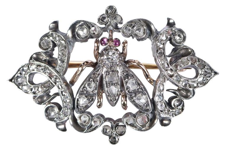 14k Gold Diamond and Ruby Insect Brooch