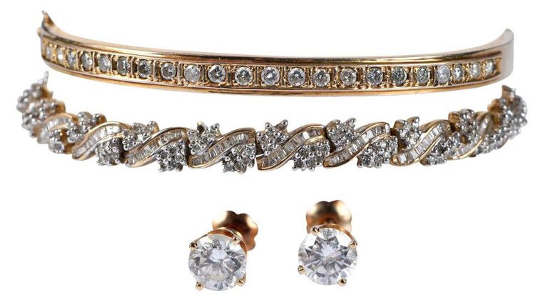 Set of 2 Gold Diamond Bracelets and Earrings