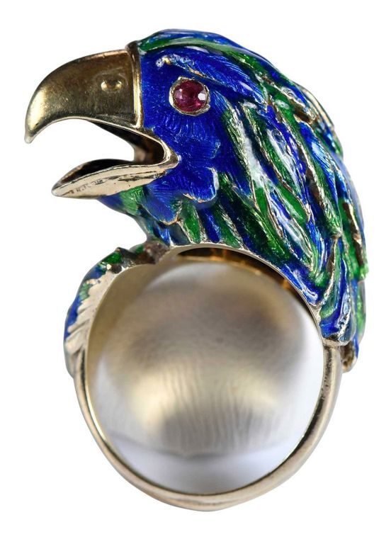 18k Gold Enamel and Ruby Bird Ring