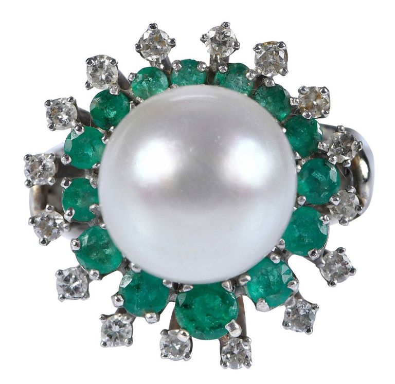 14k Gold Pearl, Emerald, and Diamond Ring