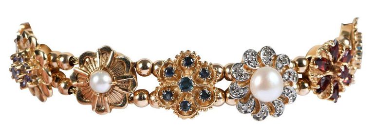 14k Gold Pearl and Gemstone Slide Charm Bracelet