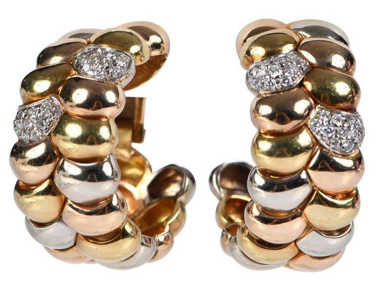 18k Gold Diamond Tri-Color Hoop Earrings