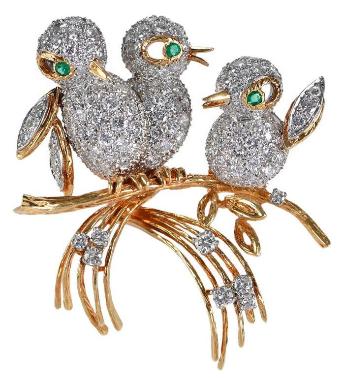 18k Gold Diamond and Emerald Bird Fur Clip