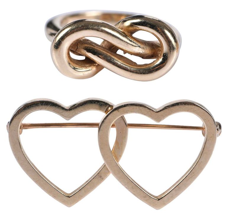 Set of 14k Gold Love Knot Ring and Heart Brooch