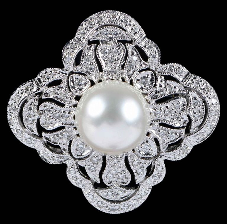 18k Gold Pearl and Diamond Open Work Brooch