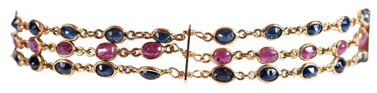 14k Gold Ruby and Sapphire Three-Strand Bracelet