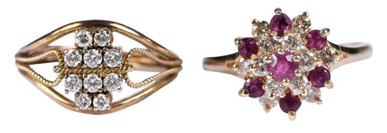 Set of 2 14k Gold Diamond and Ruby Rings