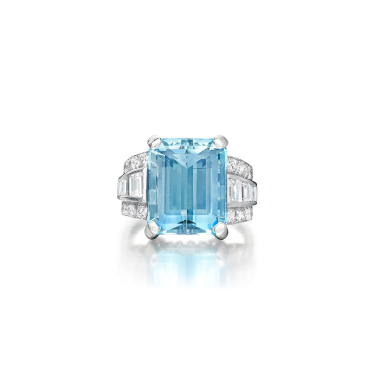 Platinum Aquamarine and Diamond Ring