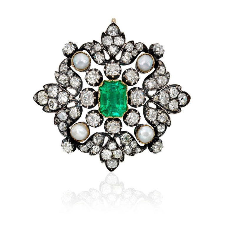 Silver and Gold Emerald Diamond Pearl Pendant