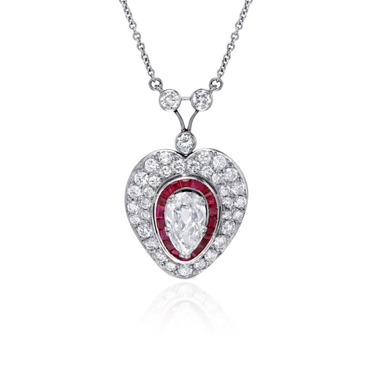 Platinum Diamond and Ruby Pendant Necklace