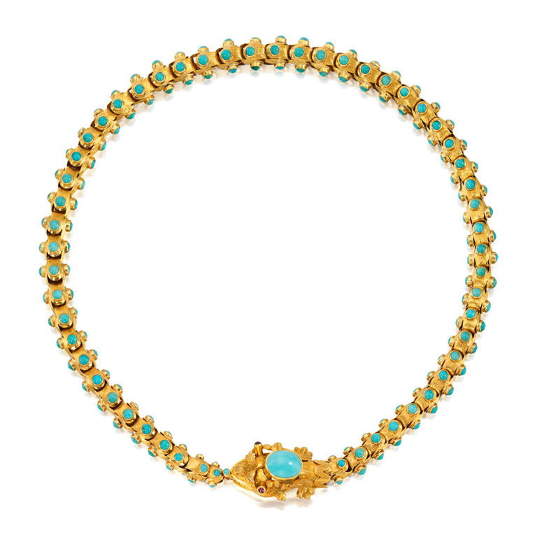 18k Yellow Gold Turquoise and Ruby Necklace