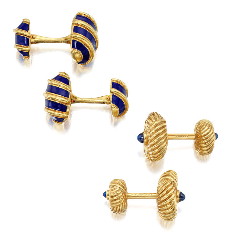 Set of 2 18k Gold Sapphire and Enamel Cufflinks