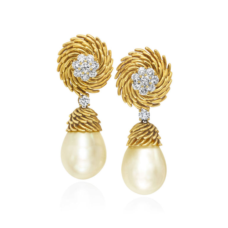 Pair of 18k Gold Pearl and Diamond Earrings