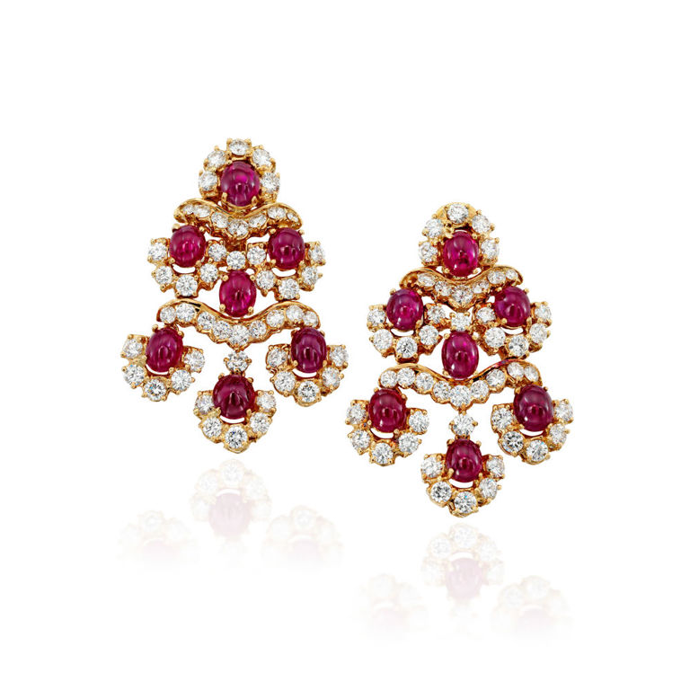 Pair of 18k Gold Ruby and Diamond Earrings