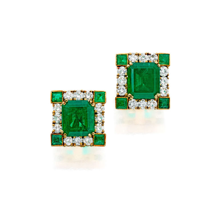Yellow Gold Emerald and Diamond Earrings