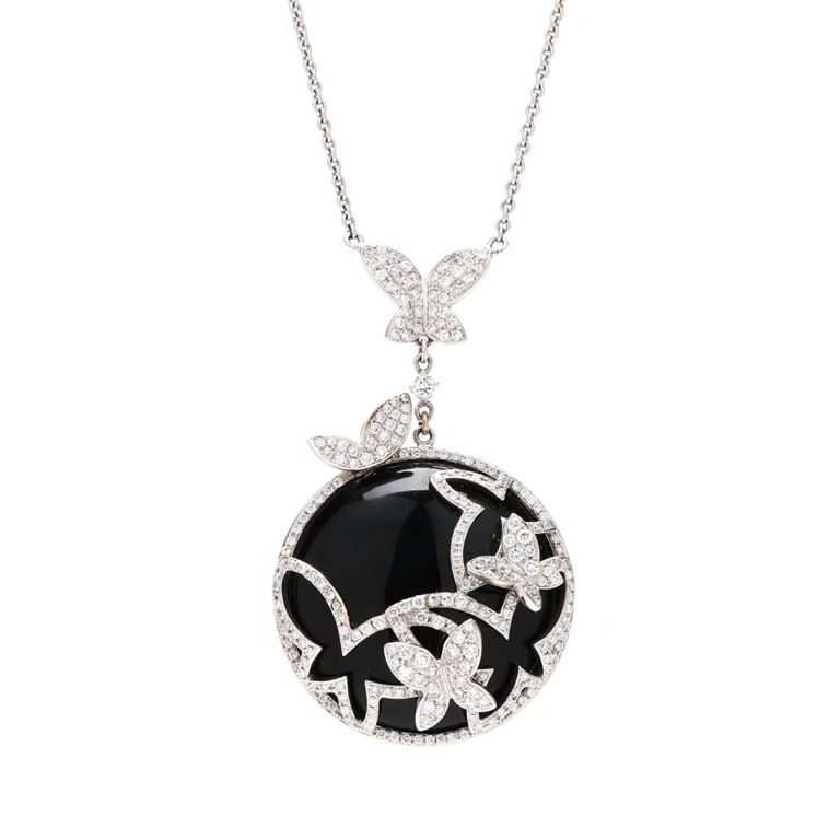 18k White Gold Diamond and Onyx Pendant Necklace