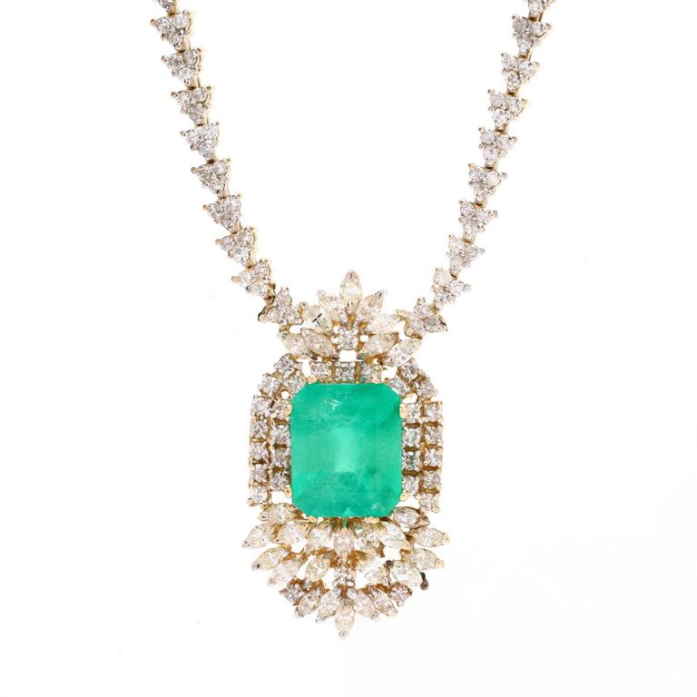 14k Gold Emerald and Diamond Pendant Necklace