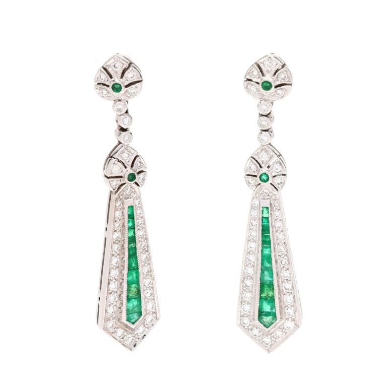 18k White Gold Emerald and Diamond Earrings