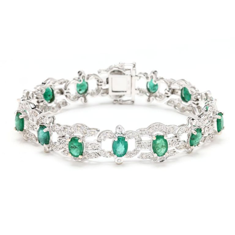 14k White Gold Emerald and Diamond Bracelet