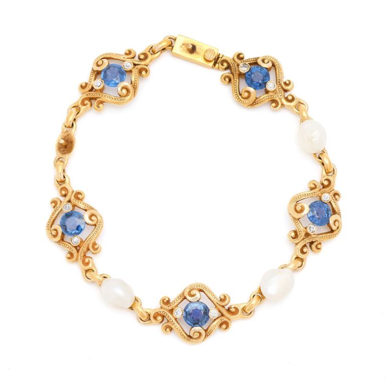 20k Gold Sapphire Diamond and Pearl Bracelet