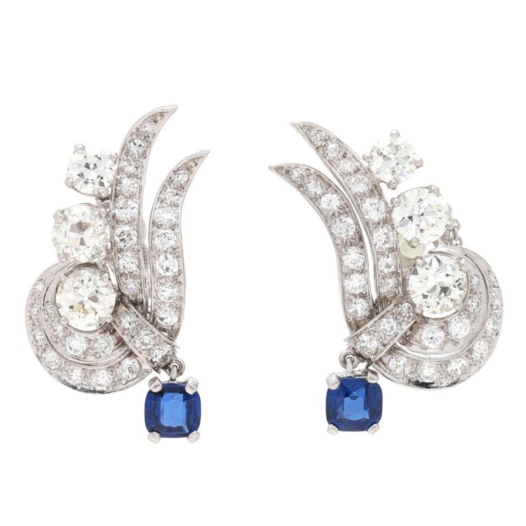 Platinum Diamond and Sapphire Earrings
