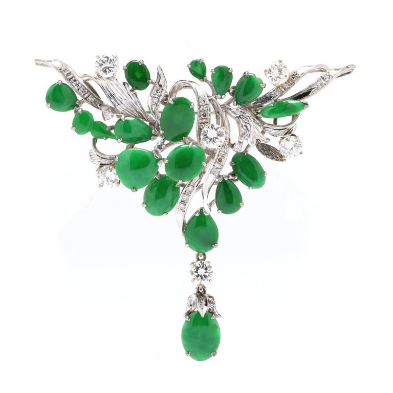 18k White Gold Jadeite and Diamond Brooch