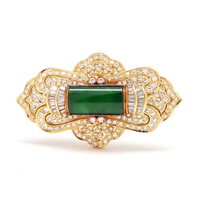18k Gold Jadeite Omphacite Jade Diamond Brooch