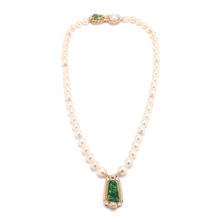 Gold Pearl Jadeite Jade Diamond Necklace