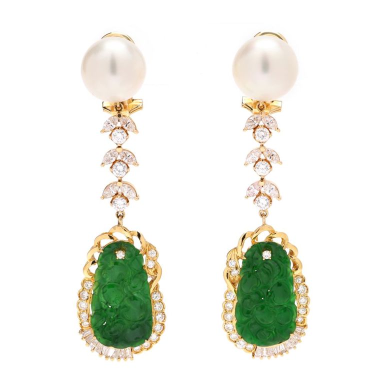 18k Gold Jadeite Jade Diamond Pearl Earrings
