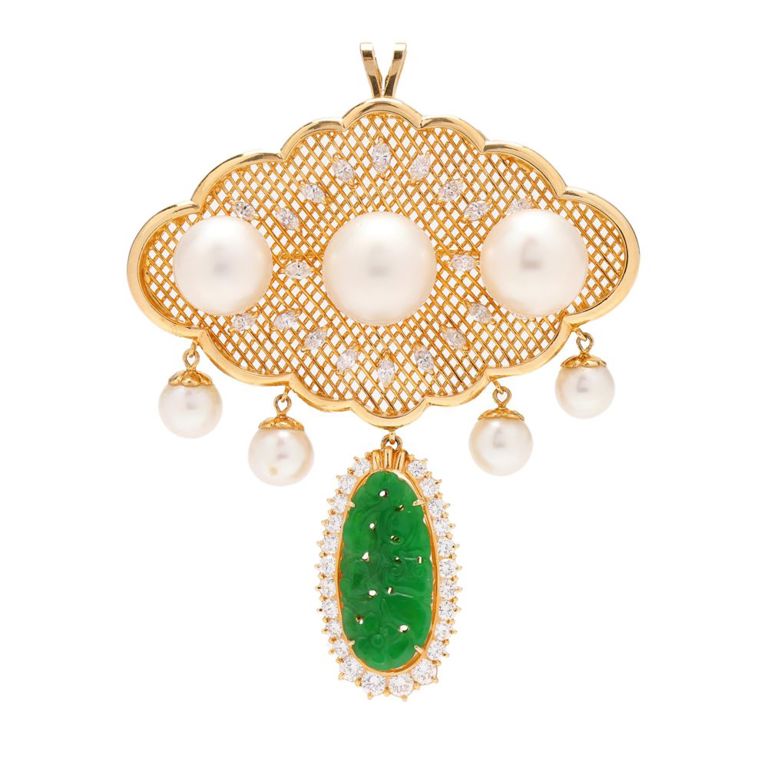18k Gold Jadeite Jade Diamond Pearl Brooch/Pendant