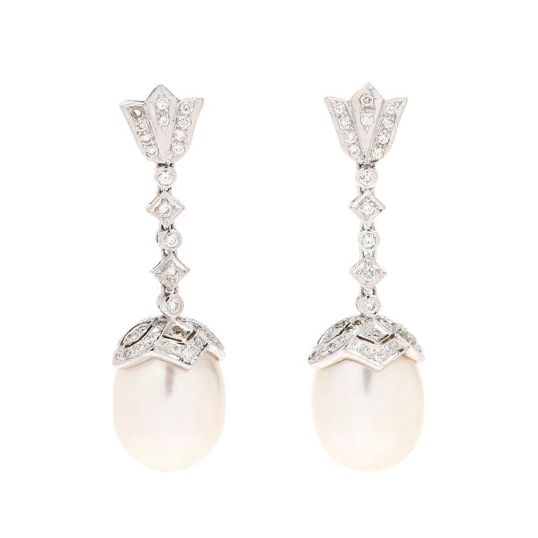 14k White Gold Pearl and Diamond Earrings